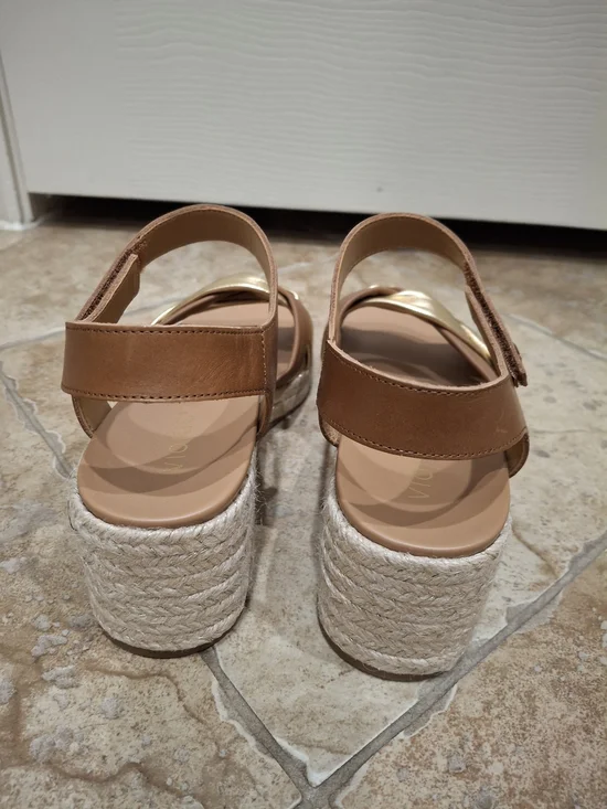 Vionic Tan and Gold Braided Espadrille Wedge Sandals - Picture 2 of 9